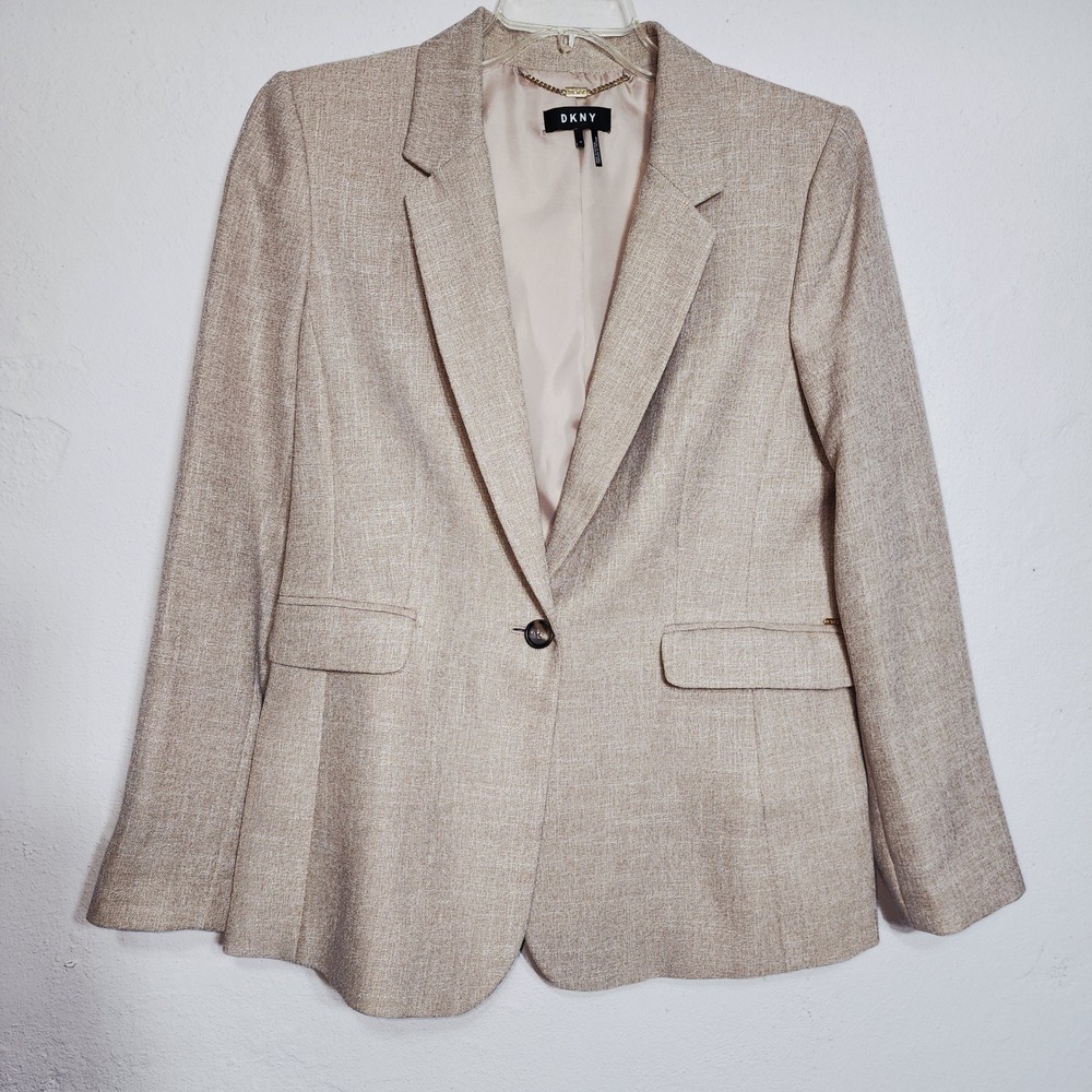 DKNY Blazer Jacket 12 Tan Beige Professional Office Career Linen Look Button - Picture 1 of 8